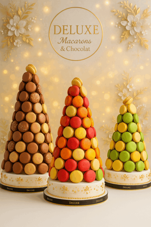 Pyramide de macarons colorés Deluxe.tn, pâtisserie artisanale à Tunis.