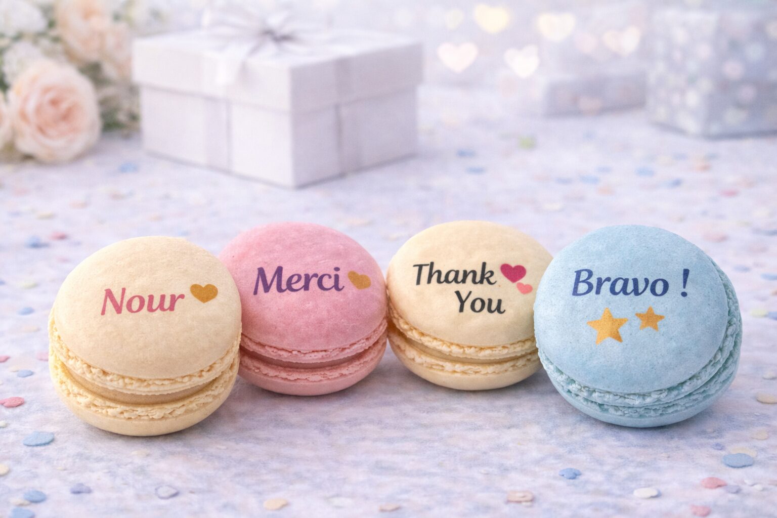 Macarons Personnalisés Remerciements – Message comestible à offrir Macarons personnalisés de remerciement et félicitations