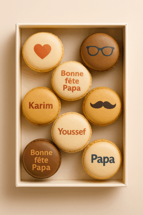 Macarons personnalisés fête des pères avec message et prénom comestible