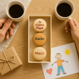 Macarons artisanaux personnalisés pour la fête des pères : prénom, cœur, moustache, message doux. Impression CMJN.