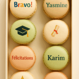 Macarons personnalisés pour remise de diplôme avec message imprimé en couleur