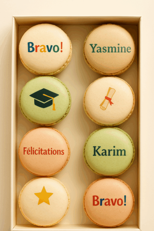 Macarons personnalisés pour remise de diplôme avec message imprimé en couleur