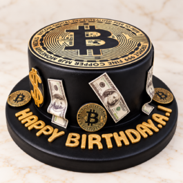 Gâteau d’anniversaire Bitcoin noir et or personnalisé avec pièces crypto et billets – Deluxe Tunis
