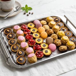 Plateau d'assortiment de mini mignardises sucrées sur mesure avec tartelettes, choux, financiers et macarons de luxe - Deluxe Pâtisserie Tunis