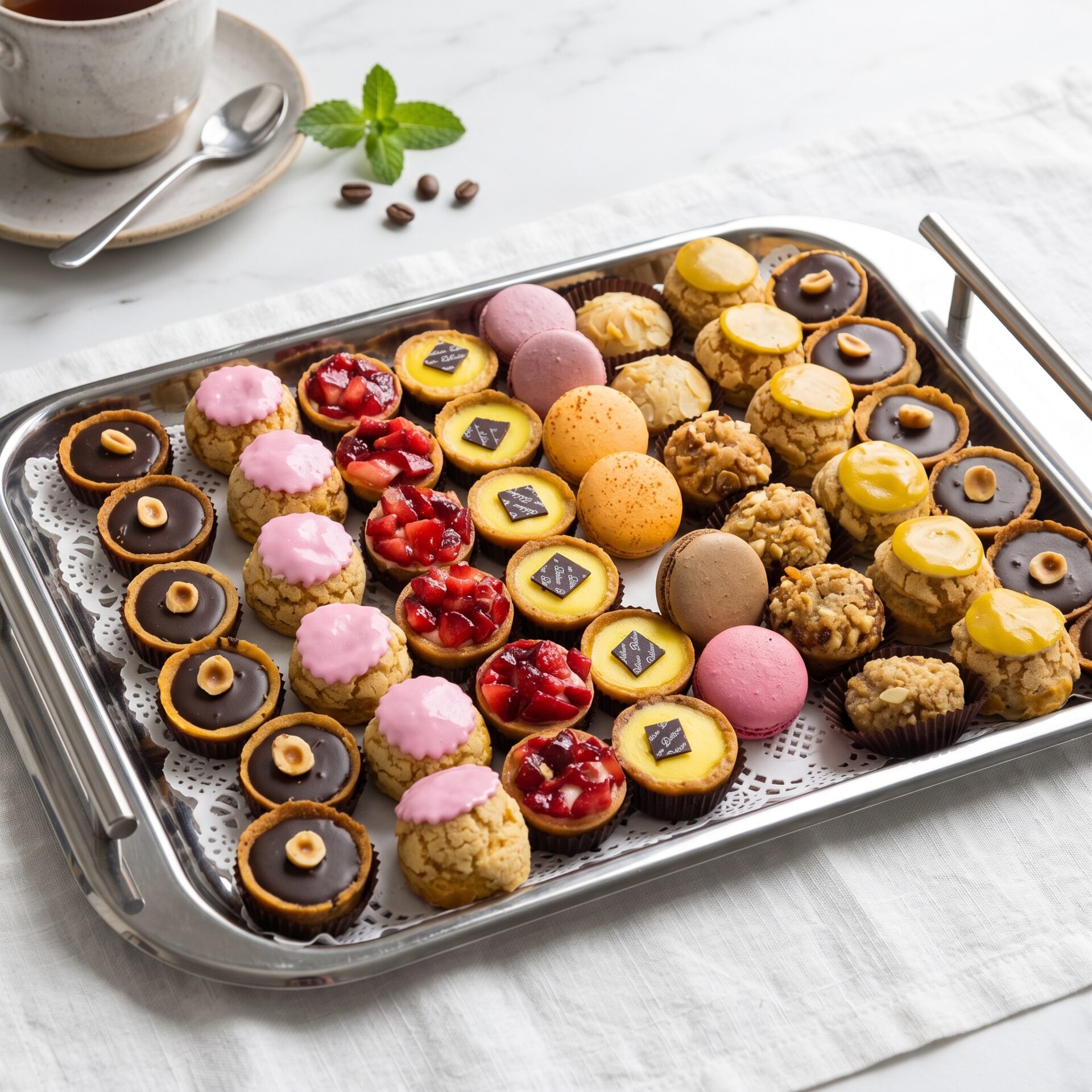 Assortiment Mini Mignardises Sucrées Sur Mesure Plateau d'assortiment de mini mignardises sucrées sur mesure avec tartelettes, choux, financiers et macarons de luxe - Deluxe Pâtisserie Tunis