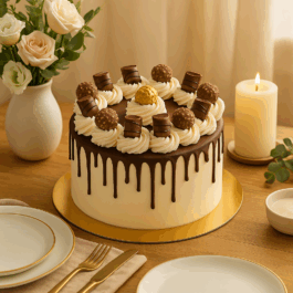 Gâteau drip cake au Kinder Bueno, nappage chocolat et décoration gourmande