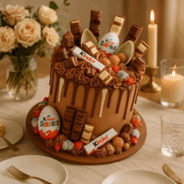 Gâteau drip cake au chocolat garni de multiples variétés Kinder : Bueno, Maxi, Country, Surprise et plus.