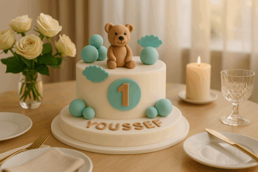 gâteau anniversaire 1 an personnalisé – Cake design rond avec ourson en pâte à sucre, décor nuages et boules, disponible en chocolat au lait équilibré, rocher noisette, tout noisette ou tout pistache.
