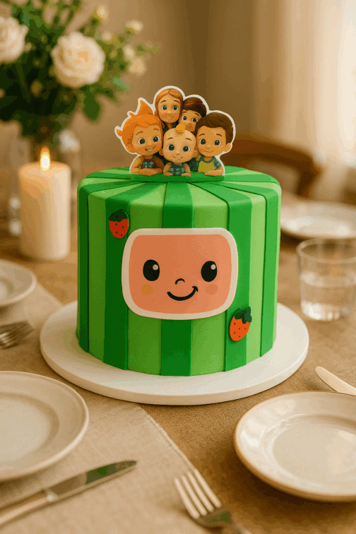 Gâteau anniversaire Cocomelon – Univers joyeux et décor pastèque personnalisé – Image 2