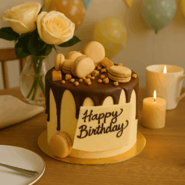 gâteau d’anniversaire drip cake chocolat caramel avec macarons