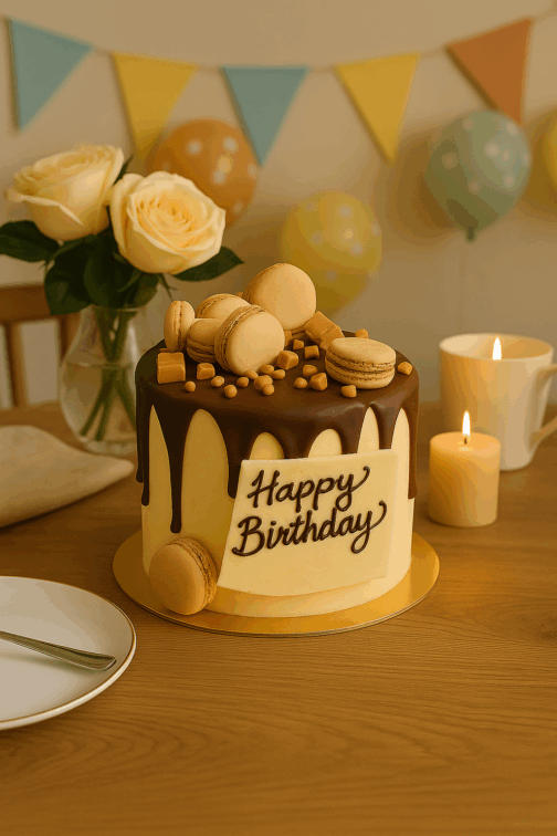 gâteau d’anniversaire drip cake chocolat caramel avec macarons