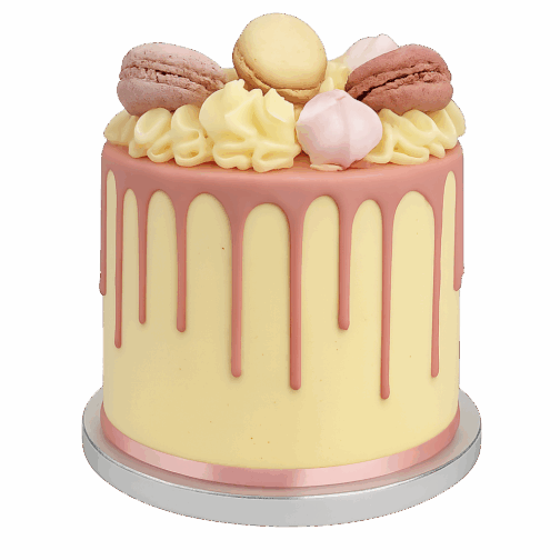 gâteau d’anniversaire drip cake rose avec macarons et meringues