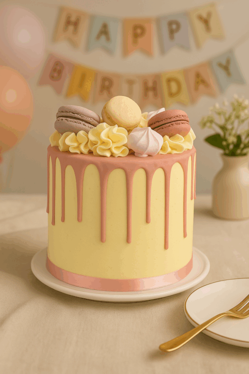 Gâteau d’anniversaire Drip Cake Rose – Macarons – Image 2