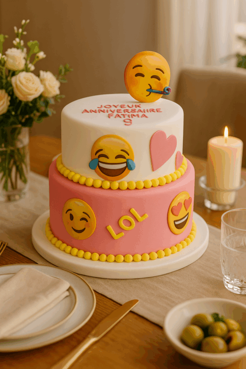 gâteau anniversaire emoji personnalisé – Cake design rond décoré de visages emoji LOL, disponible en chocolat au lait équilibré, rocher noisette, tout noisette ou tout pistache.