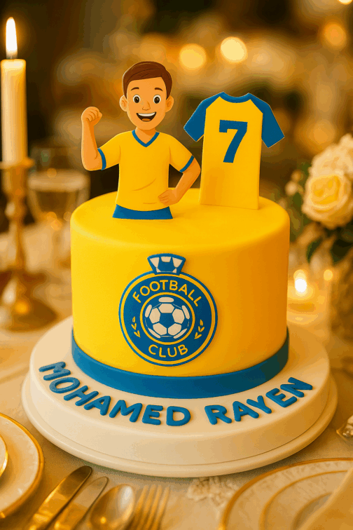 gâteau anniversaire football personnalisé – Cake design rond décoré avec figurine joueur, maillot et prénom,
