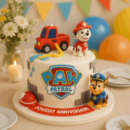 Gâteau anniversaire Pat’ Patrouille – cake design rond personnalisé avec décor et figurines des héros Paw Patrol,