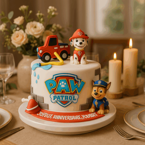 Gâteau anniversaire Pat Patrouille – cake design rond personnalisé avec décor et figurines des héros Paw Patrol, taille et parfum au choix, livraison Grand Tunis.