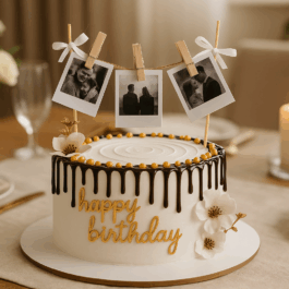 Gâteau d’anniversaire avec photo personnalisé, style drip cake élégant.