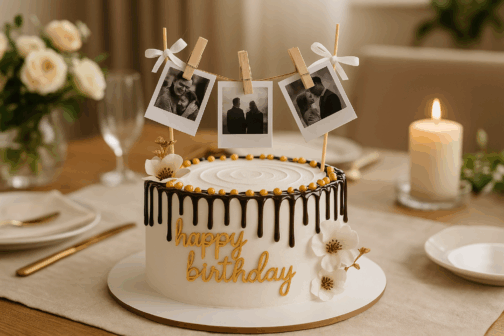 Gâteau d’anniversaire avec photo personnalisé, style drip cake élégant.