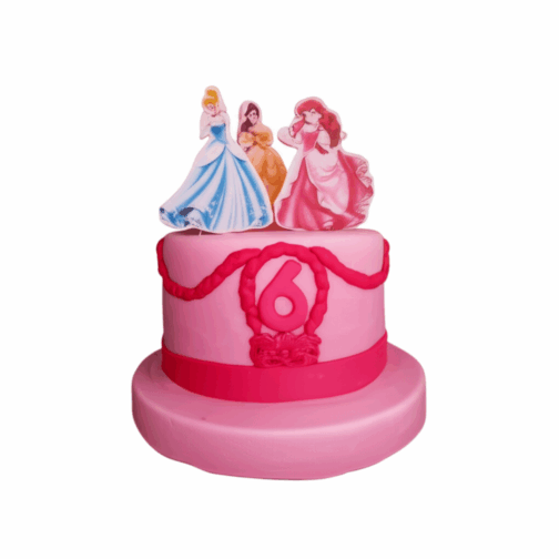 Gâteau rond décoré avec princesses Disney, création personnalisée haut de gamme.