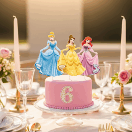 Gâteau rond décoré avec princesses Disney, création personnalisée haut de gamme.