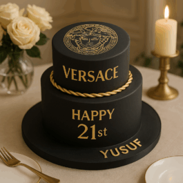 Gâteau anniversaire Versace noir et or – création luxe personnalisable Deluxe