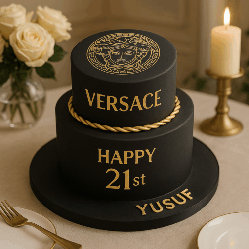Gâteau anniversaire Versace noir et or – création luxe personnalisable Deluxe
