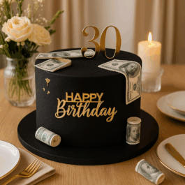 Gâteau rond luxe avec décor billets dollar, création personnalisée haut de gamme.