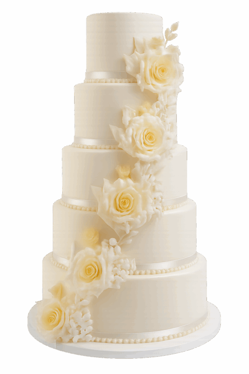 Superbe gâteau de mariage à étages – Roses ivoire et rubans satinés – Image 2