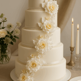 gâteau de mariage à étages avec roses ivoire et rubans satinés