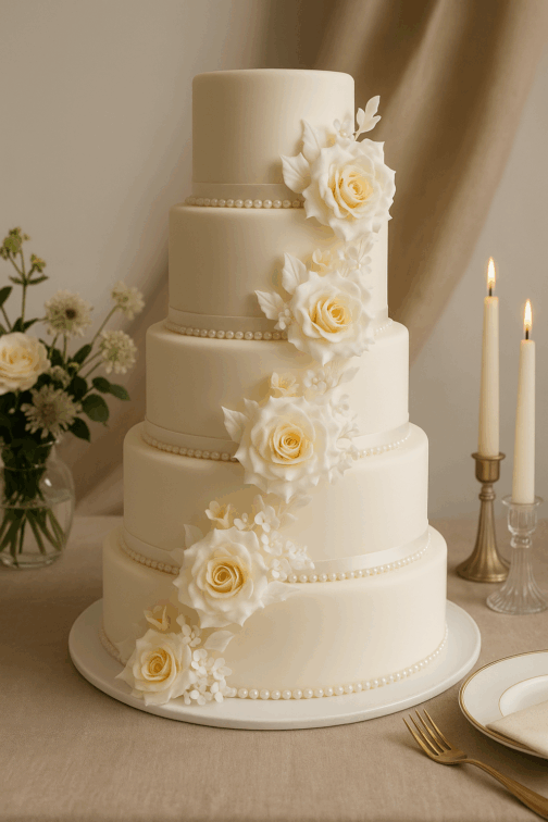 gâteau de mariage à étages avec roses ivoire et rubans satinés