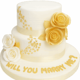 Gâteau à deux étages blanc et or, orné de roses dorées et blanches, idéal pour une demande en mariage.
