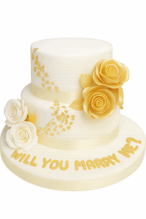 Gâteau à deux étages blanc et or, orné de roses dorées et blanches, idéal pour une demande en mariage.