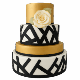 Wedding cake élégant noir, blanc et or, personnalisable, création Deluxe, livraison Grand Tunis.