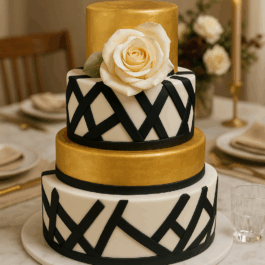 gâteau de mariage élégant noir blanc et or personnalisable