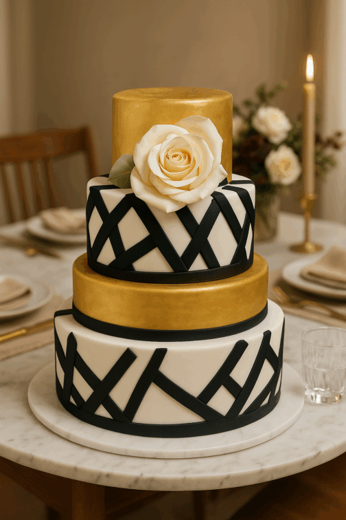 gâteau de mariage élégant noir blanc et or personnalisable