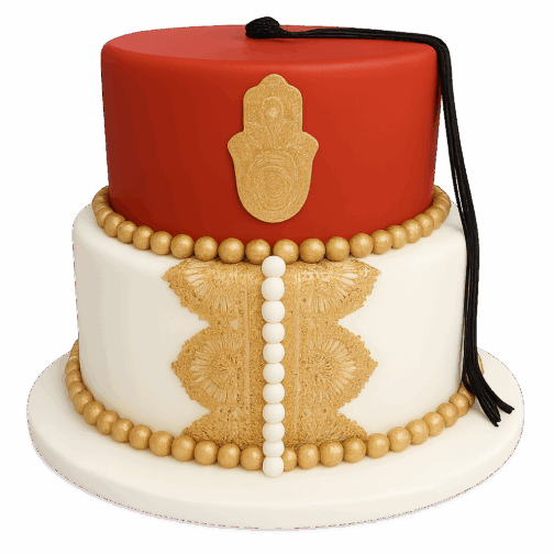 gâteau traditionnel tunisien rouge et blanc avec main de Fatma