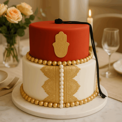 Gâteau traditionnel tunisien – Rouge & blanc, perles dorées, main de Fatma – Image 2