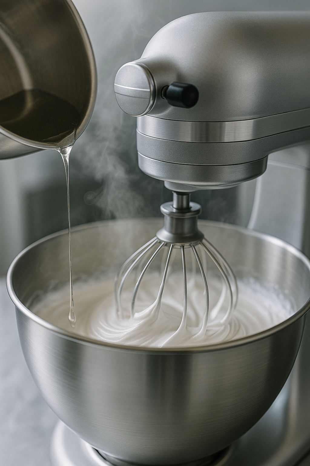 Secrets de fabrication macarons : versement du sirop chaud pour meringue italienne stable