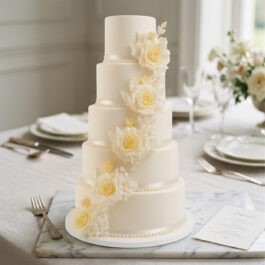 Wedding cake ivoire sur mesure à 5 étages orné de roses sculptées en pâte à sucre - Deluxe Pâtisserie & Macarons Tunis