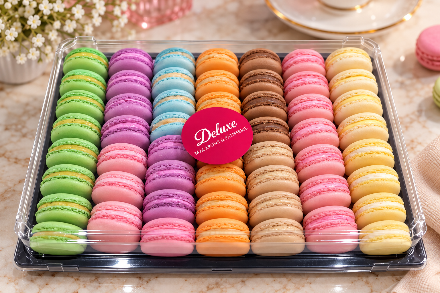 Plateau 56 Macarons Deluxe – Assortiment de Saveurs Plateau de 56 macarons Deluxe multicolores en assortiment – Tunis
