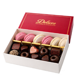 Accueil coffret macarons et chocolat Deluxe – 6 macarons et 150 grammes