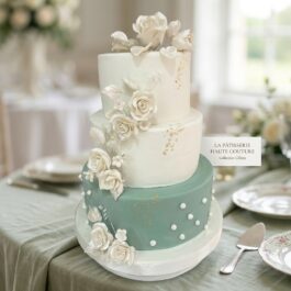 Wedding cake vert sauge et blanc sur mesure à 3 étages orné de roses nacre, feuille d'or et perles - Deluxe Pâtisserie Tunis