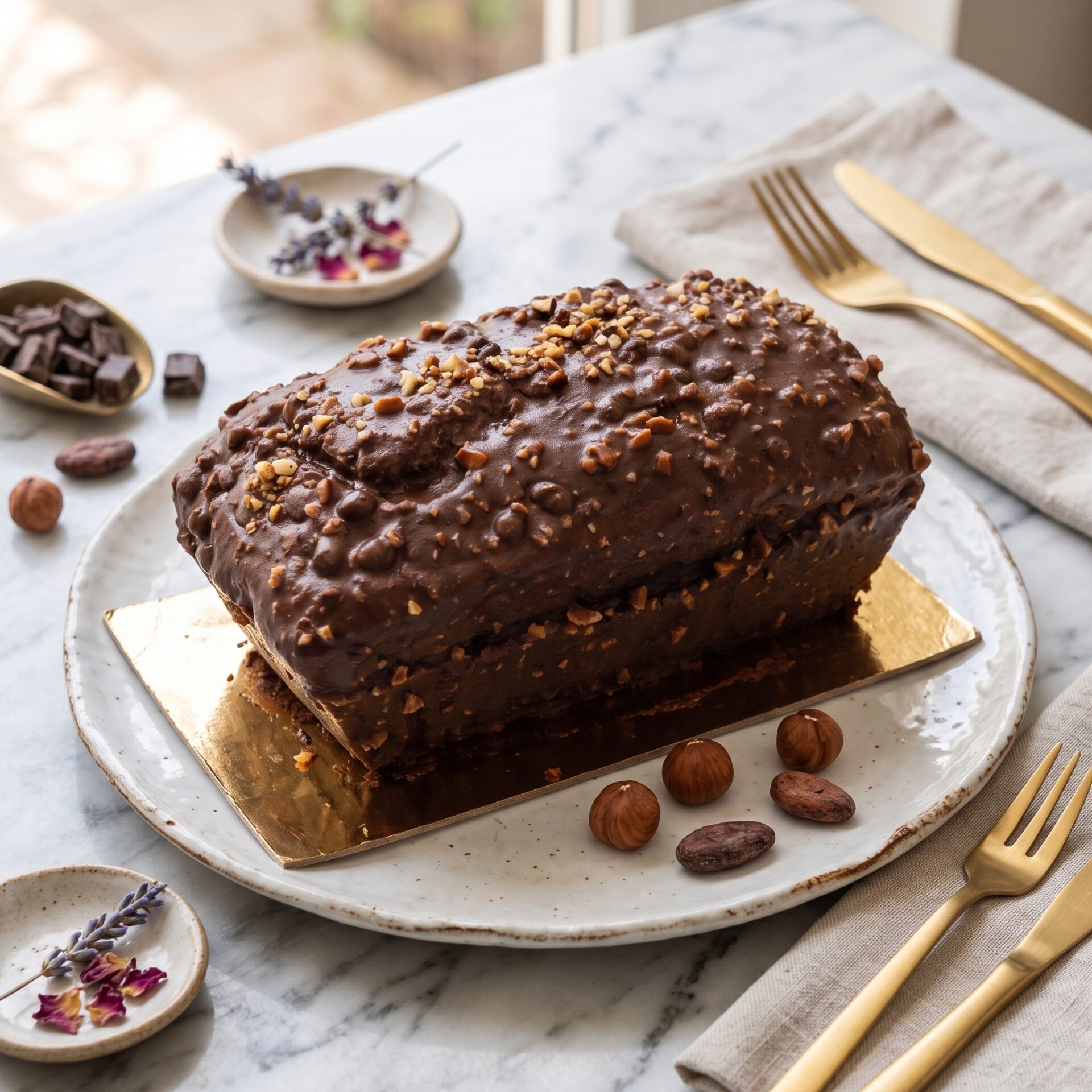 Cake Gourmand Chocolat Noisette Glaçage Rocher Sur Mesure Cake gourmand chocolat noisette généreusement enrobé d'un glaçage rocher au chocolat et éclats de noisettes torréfiées - Deluxe Pâtisserie Tunis