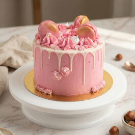 Drip cake rose élégant surmonté de macarons dorés et coulure de chocolat blanc par Deluxe Pâtisserie