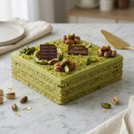 Entremet L'Intense Pistache aux pistaches entières caramélisées et feuille d'or par Deluxe Pâtisserie