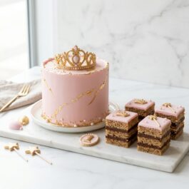 Faux gâteau d'anniversaire décoratif en pâte à sucre avec véritable parts de gâteau prédécoupées séparées par Deluxe Pâtisserie Tunis