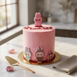 Gâteau anniversaire SKZOO K-Pop rose pastel avec petits personnages lapins et cœurs personnalisé par Deluxe Pâtisserie Tunis