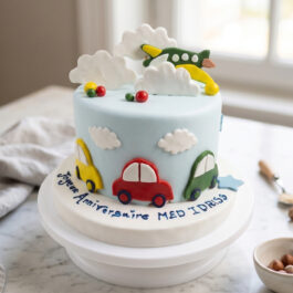 Gâteau d'anniversaire enfant personnalisé thème voiture et avion en pâte à sucre par Deluxe Pâtisserie