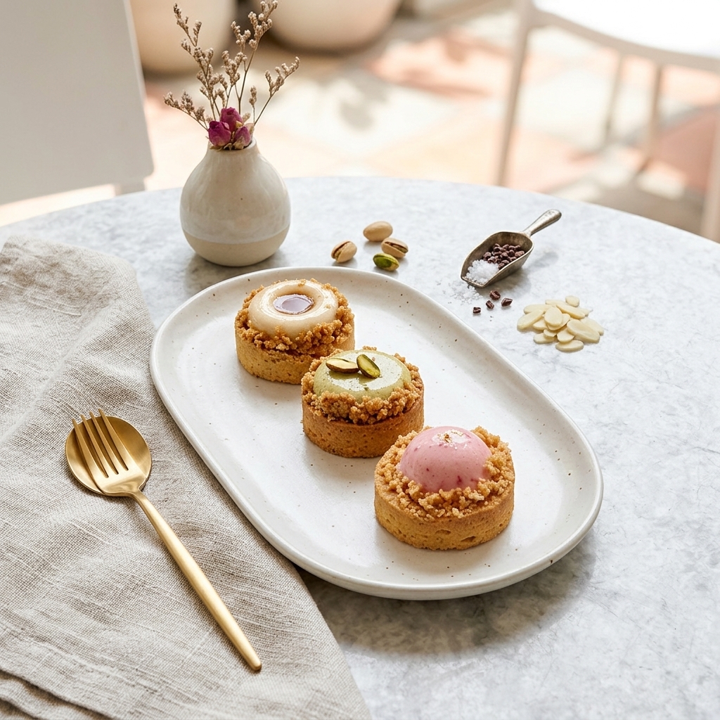 Tarte Bijou Haute Couture « Praliné, Pistache & Framboise Trio de tartelettes modernes sur mesure avec bordure craquelin et dômes crémeux pistache, framboise et praliné - Deluxe Pâtisserie Tunis